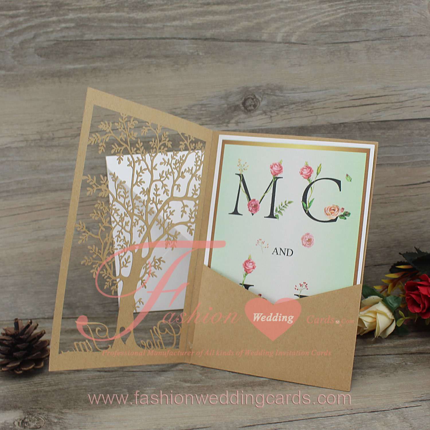 Vintage Pocket Wedding Invitation Laser Cut Tree